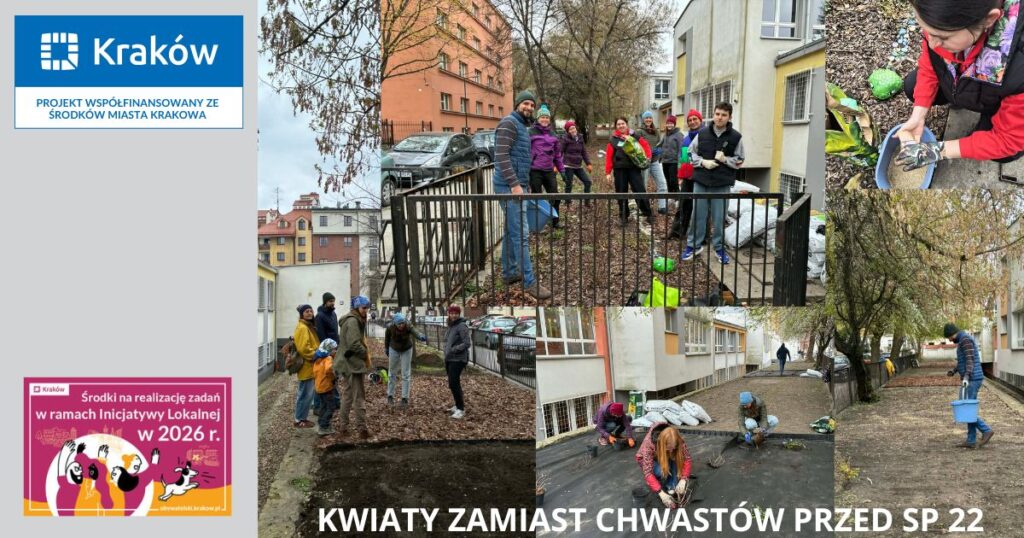 zdjecie stanowi kolaż zdjęć z realizacji prac w ogródku szkolnym w ramach projektu Inicjatywa Lokalna