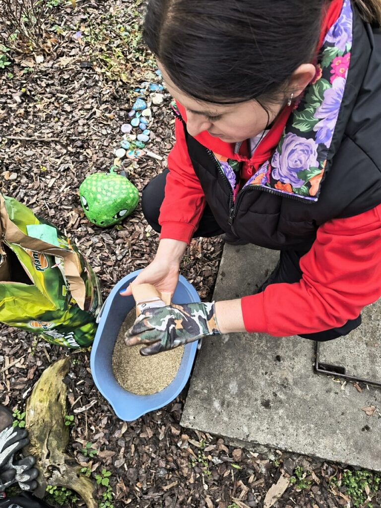 Na zdjęciu pomysłodawczyni projektu Kwiaty zamiast chwastów przed SP 22 mieszająca w wiaderku nasiona trawy z nasionami stokrotki.