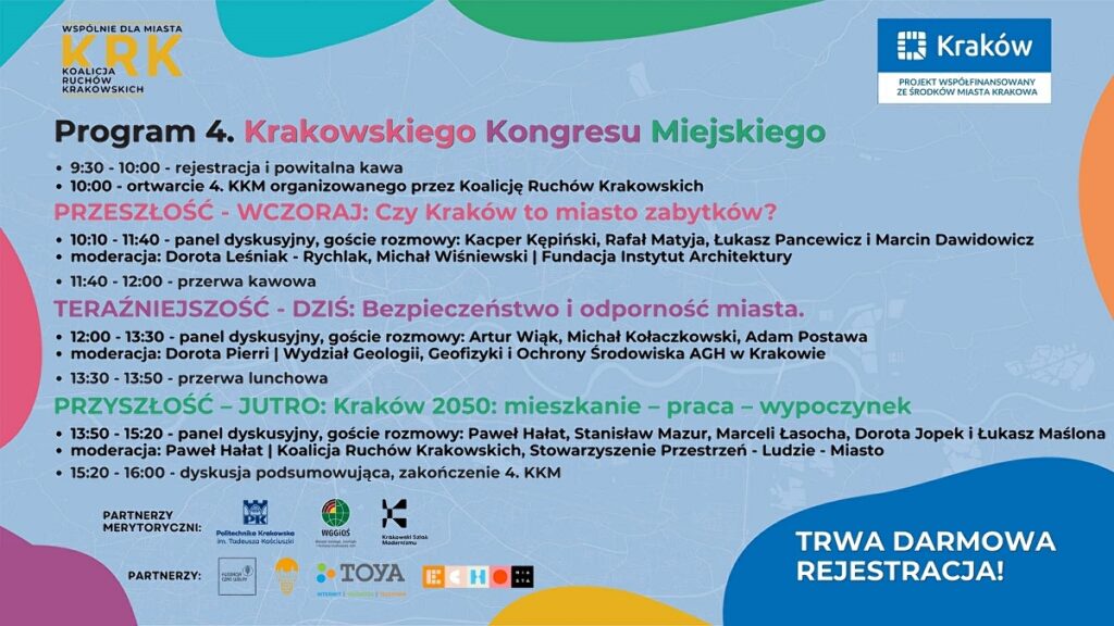 plan krakowskiego kongresu miejskiego, trzy panele i godzinowy plan co kiedy 