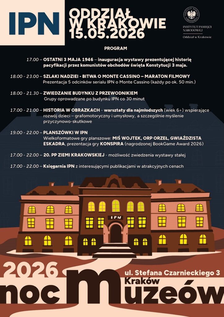 Lista atrakcji w muzeum IPN w Krakowie podczas nocy muzeów w dniu 15 maja 2026