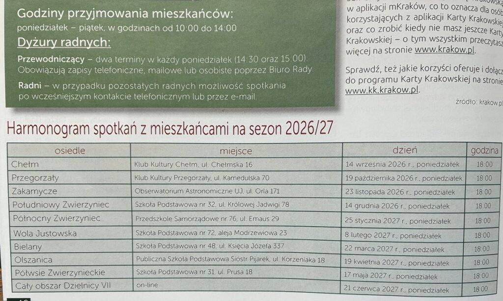 harmonogram spotkań z mieszkańcami dzielnicy Zwierzyniec