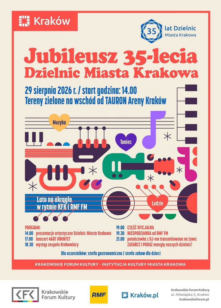 plakat reklamujacy 35 lecie dzielnic miasta krakowa 29 sierpnia 2026 pod tauron areną