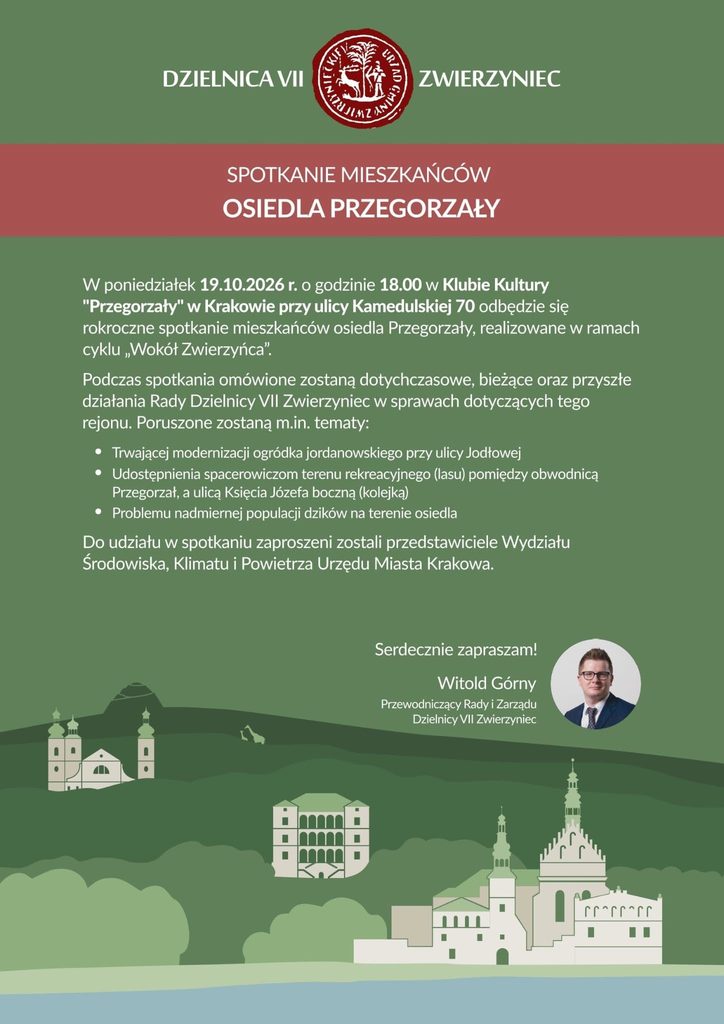 grafika informująca o spotkaniu dla mieszkancow przegorzal 19.11.2026 godz. 18:00 kk przegorzaly